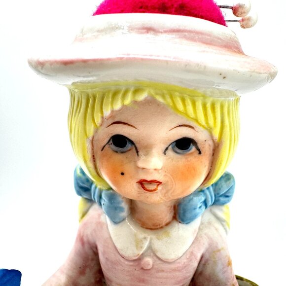Reliance Sewing Girl Figurine Spool Pin Cushion Hat Ceramic Pink Vtg - Picture 9 of 9